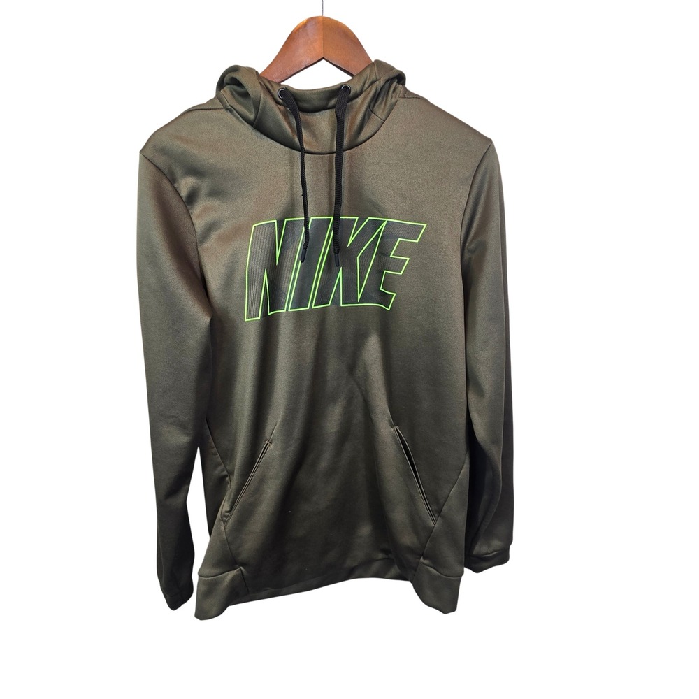 Nike Hoodie Mens S Olive Green Dri-Fit Fleece Lined Pullover Sweatshirt Logo